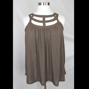 TORRID BROWN CRAPE CAGE STUDIO KNIT STRAPPY SWING TANK TOP